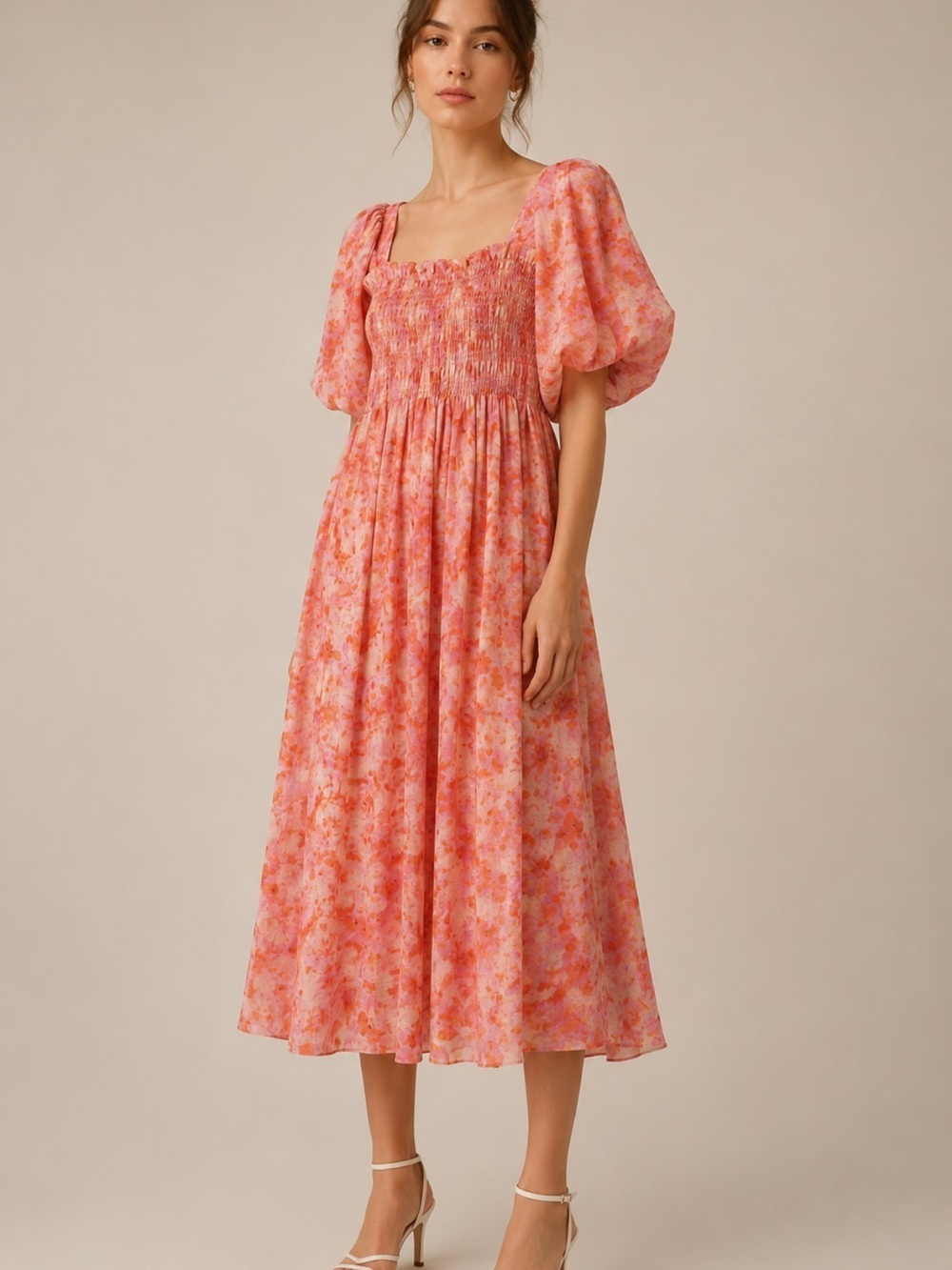 Anthropologie Coral Pink Floral Smocked Midi Dress